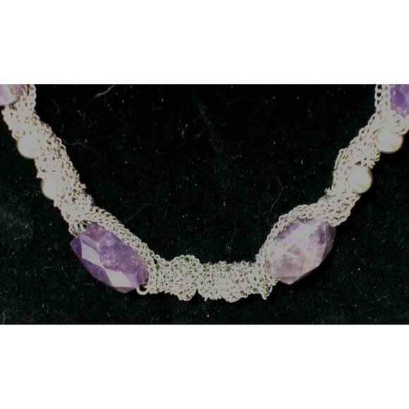 Amethyst & Silver Chain Necklace With Faux Pearl Accents - Picture 4 of 4